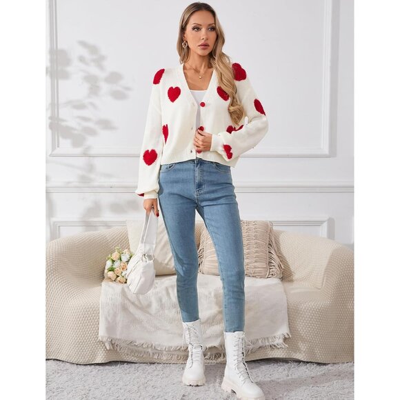 Women’s Cropped Heart Cardigan Lightweight V-Neck Button Spring Fall - Picture 6 of 7